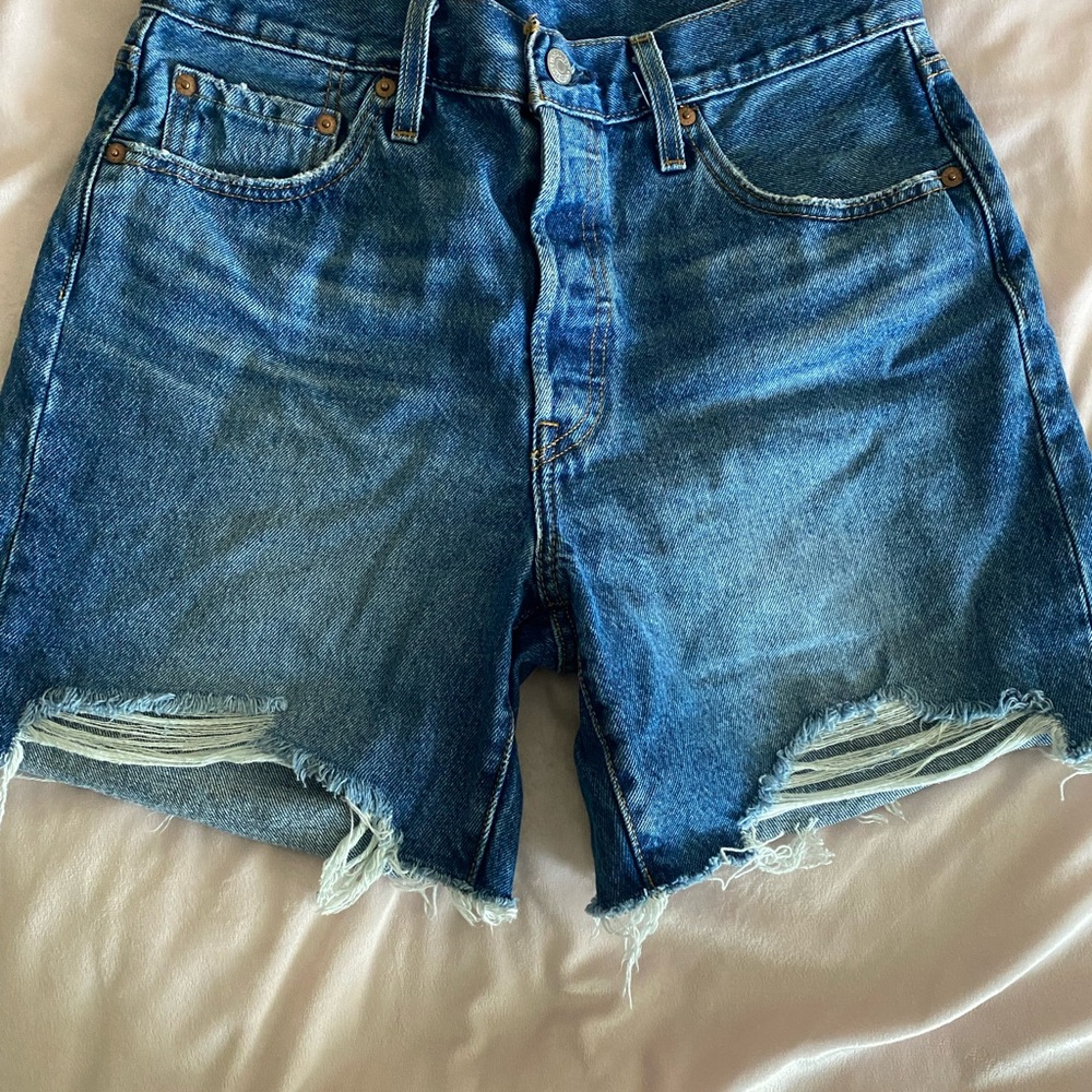 Levi's Blue High Waist Denim Shorts with Distressed Hem